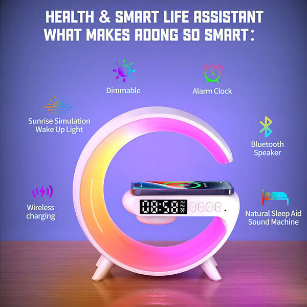 Smart Lamp Bluetooth Speaker Wireless Charger RGB AlarmClock Night Light Battery