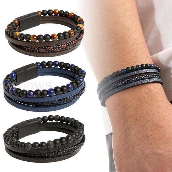 Mens Leather Braided Surfer Wristband Bracelet Tiger Eyes Beaded Bangle Gift