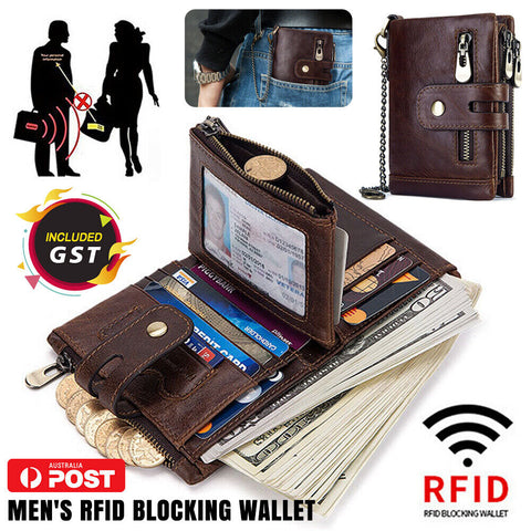 Men's RFID Blocking Wallet Genuine Leather Purse Card Slots Coins Holder Chain