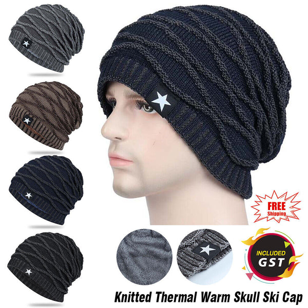 Men Knitted Thermal for Slouch Beanie Hat Winter Fleece Lined Warm Skull Ski Cap