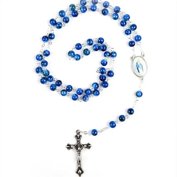 Rosary Beads Bead Blue Glass Necklace Crucifix Catholic Jesus Mary Catholic