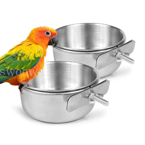 Pet Bowl Bird Feeding Dish Cup Parrot Food Water Bowl with Clamp Stainless Steel