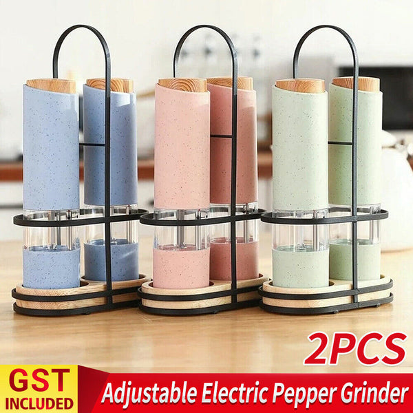 2PCS Adjustable Electric Salt & Pepper Grinder Mills Shakers Set With Holder Au