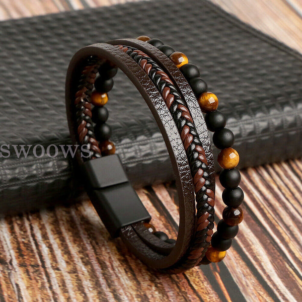 Mens Leather Braided Surfer Wristband Bracelet Tiger Eyes Beaded Bangle Gift