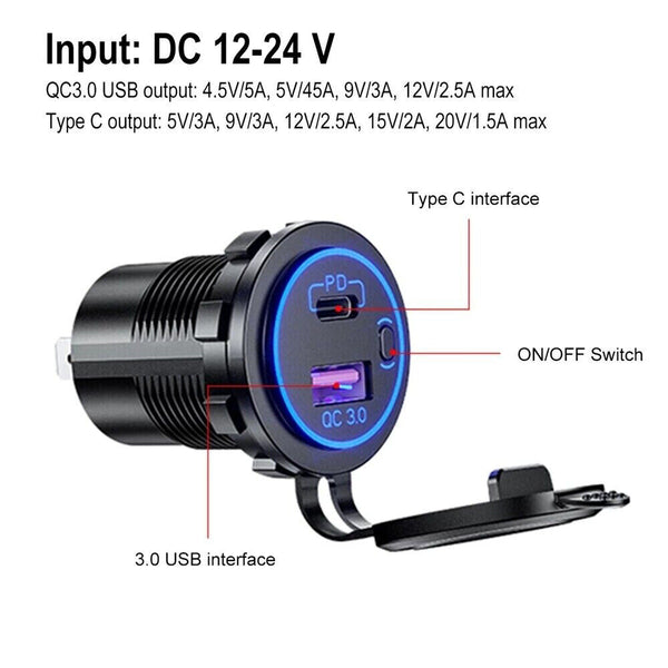 PD Type C USB Car Charger and QC 3.0 Charger 12V Power Outlet Socket ON/Off DF