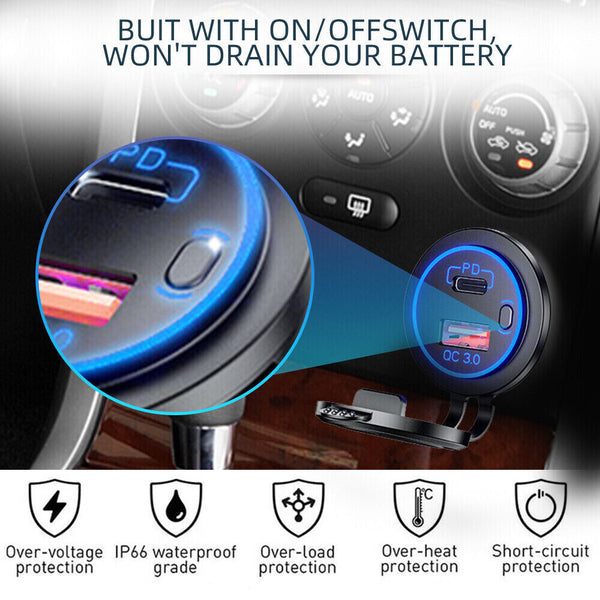 PD Type C USB Car Charger and QC 3.0 Charger 12V Power Outlet Socket ON/Off DF