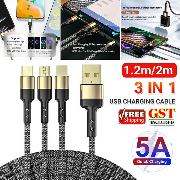 Multi Charging Cable 5A 3 in 1 Multiple USB Super Fast Long Charging Cable Cord