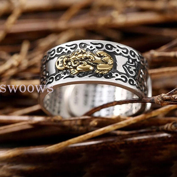 NEW Feng Shui Pixiu Mani Mantra Protection Wealth Quality Lucky Adjustable Ring