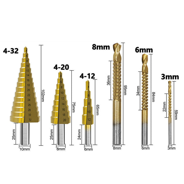 Titanium Plating 6Pcs Step Drill Bit Set High-Speed Reaming Pagoda Sawtooth Set