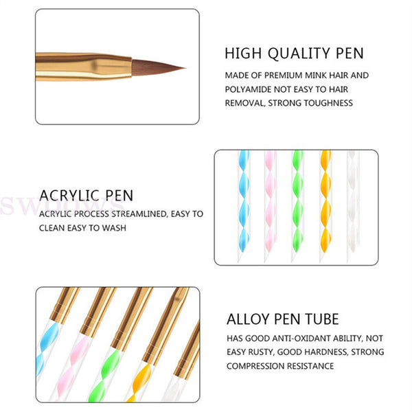 5pcs x New Sable Nail Art Acrylic Brushes in Sizes 4 6 8 10 12 Gel Drawing