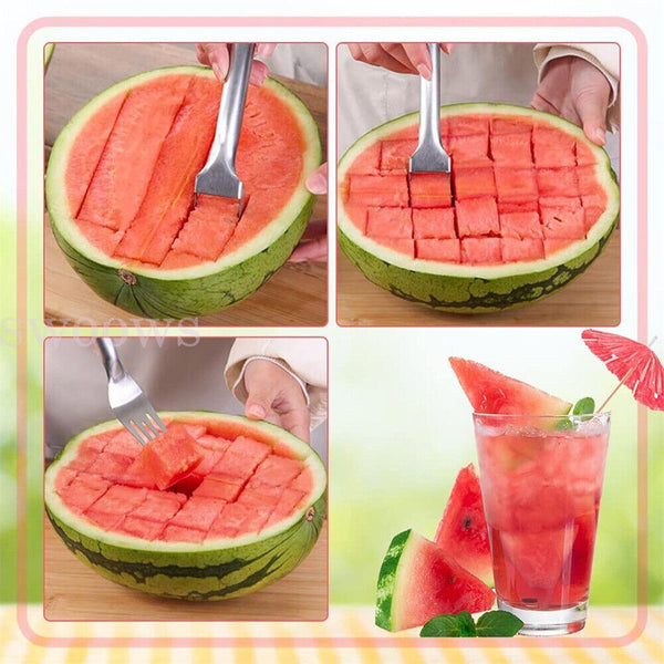 1-2 Watermelon Slicer Cutter, 2-in-1 Fork Stainless Steel Fruit Cutting Artifact