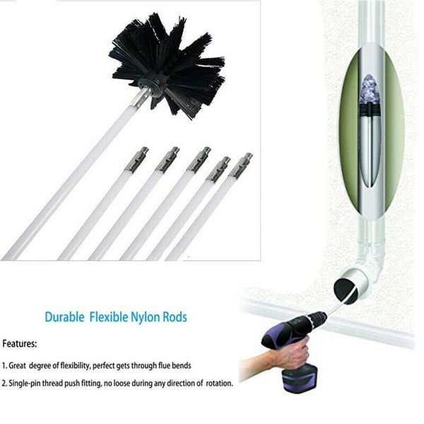 Rotary Chimney Cleaners Brush Cleaning Sweep System Fireplace Kit Flexible Rod