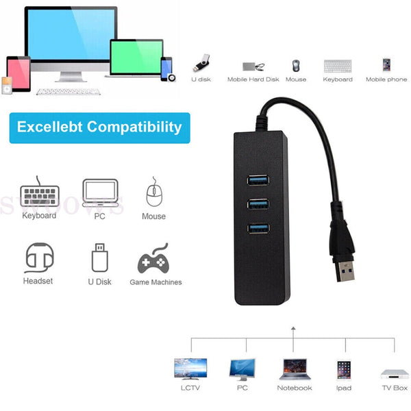 2PCS 100Mbps USB 3.0 HUB 3 Port with RJ45 Ethernet Adapter to PC MAC Laptop NEW