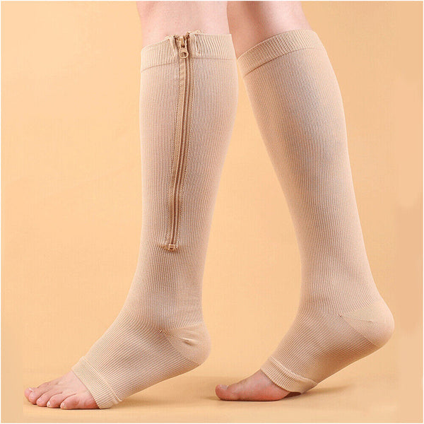 Zip Sox Compression Socks Zipper Leg Support Knee Open Toe Shaper Stockings New