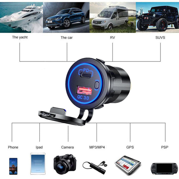 PD Type C USB Car Charger and QC 3.0 Charger 12V Power Outlet Socket ON/Off DF