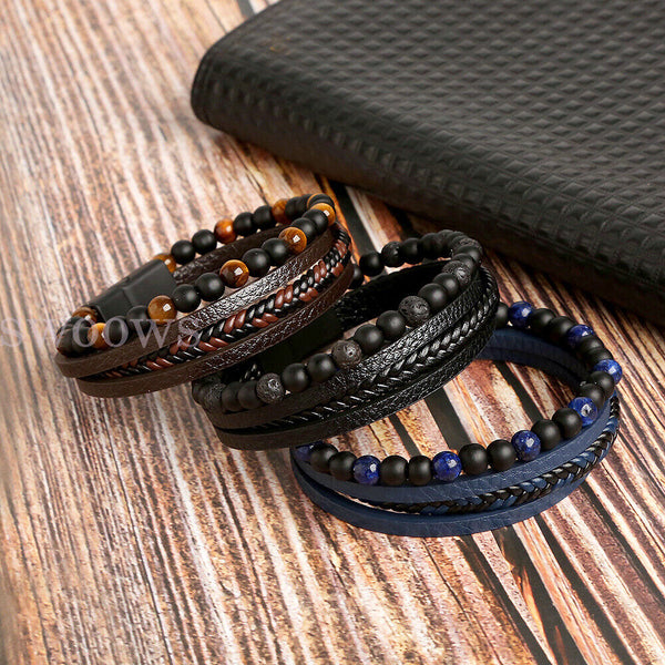 Mens Leather Braided Surfer Wristband Bracelet Tiger Eyes Beaded Bangle Gift