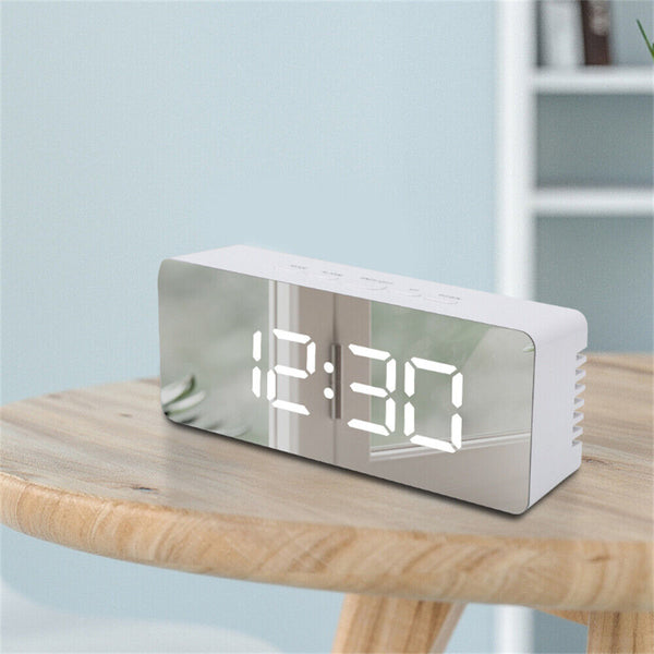 Alarm Clock Digital Led Mirror Desk Table Temperature Time Snooze USB Battery