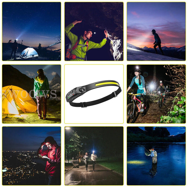 Waterproof COB LED Headlamp Motion Sensor Head Torch USB Rechargeable Headlight