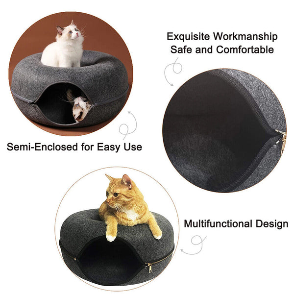 Cat Tunnel Bed Felt Pet Puppy Nest Cave House Round Donut Washable Detachable