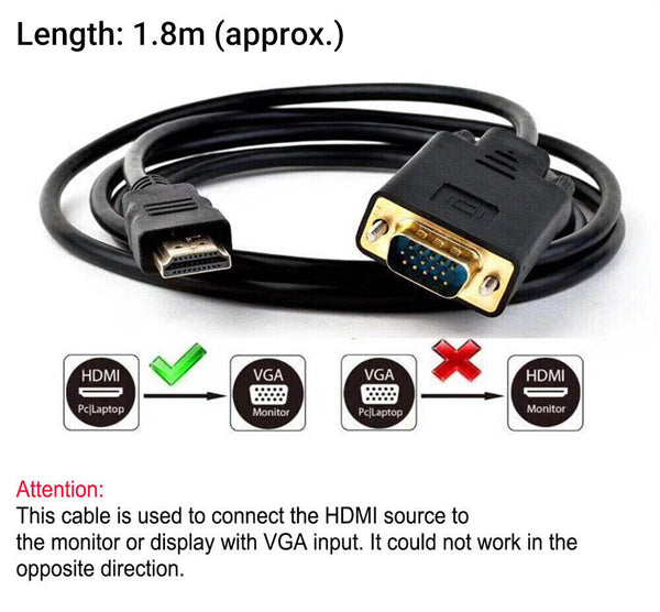 Full HD 1080P HDMI Male to VGA Male Cable Monitor Lead Converter Laptop Adapter