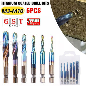 6PCS Metric Thread M3-M10 Titanium Coated Drill and Tap Bits 1/4 Hex Shank Tools