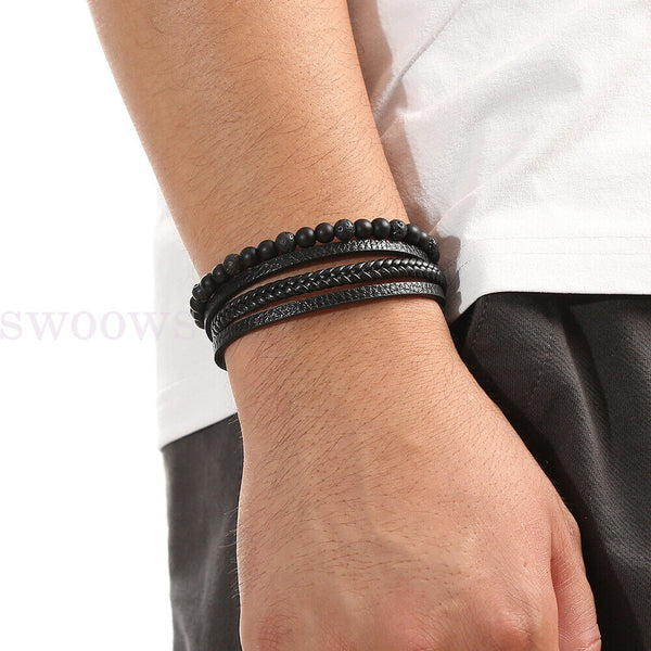 Mens Leather Braided Surfer Wristband Bracelet Tiger Eyes Beaded Bangle Gift