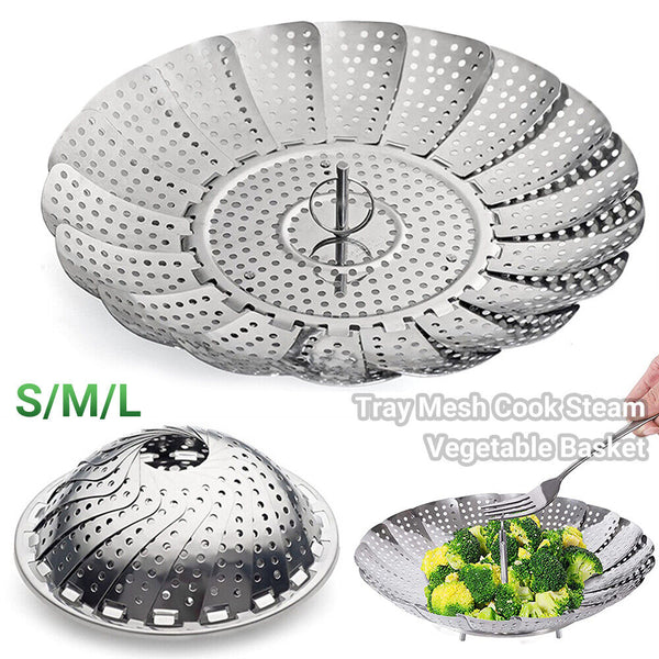 Up 2X Tray Mesh Cook Steam Vegetable Basket Stainless Steel Folding Steamer 23CM