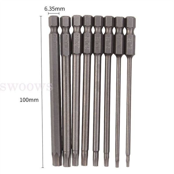 8x T8-T40 Torx Screwdriver Bit Set Hex Security Magnetic Head 100mm Long New