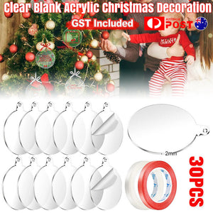 30 Pcs Clear Blank Acrylic Christmas Bauble DIY Xmas Decoration 75mm Flat Decor