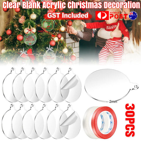 30 Pcs Clear Blank Acrylic Christmas Bauble DIY Xmas Decoration 75mm Flat Decor