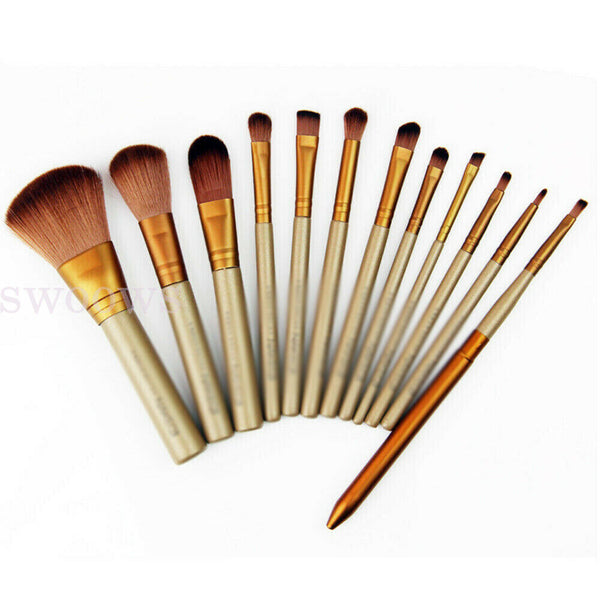 PROFESSIONAL Makeup Brush Set Cosmetic Complete Tools Powder Golden + Case 12PCs