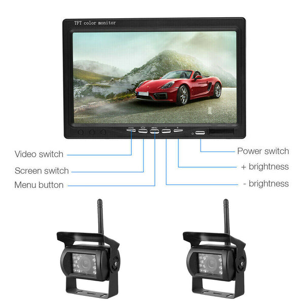 Wireless 7'' LCD Monitor 2x CCD Backup Reverse Camera 18 IR 12-24v Caravan Truck