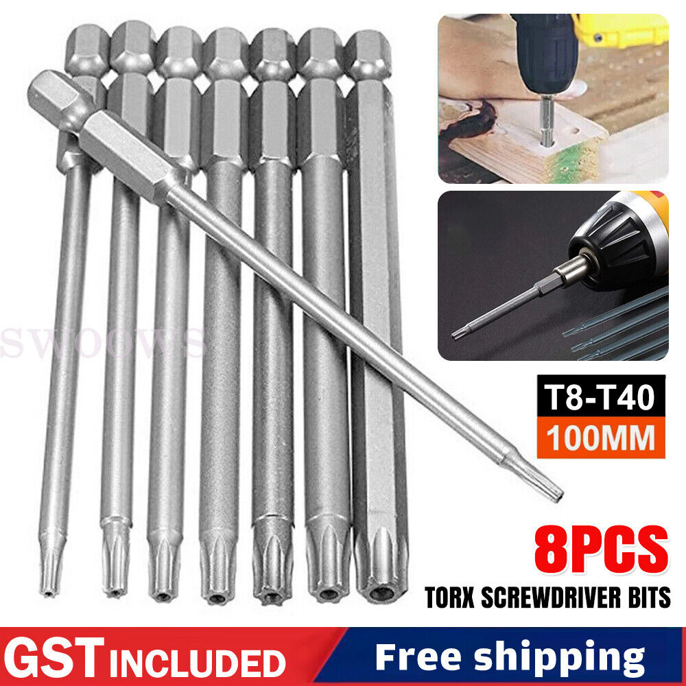 8x T8-T40 Torx Screwdriver Bit Set Hex Security Magnetic Head 100mm Long New