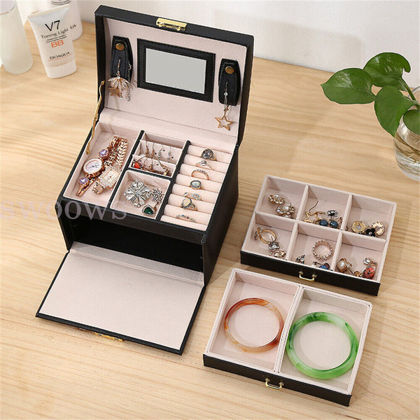 Jewellery Box Organizer Case Holder Storage Earring Ring Jewelry Display Leather