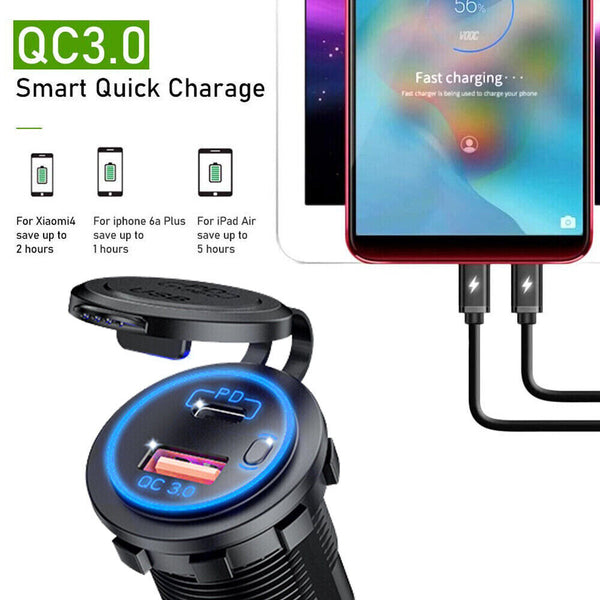 PD Type C USB Car Charger and QC 3.0 Charger 12V Power Outlet Socket ON/Off DF