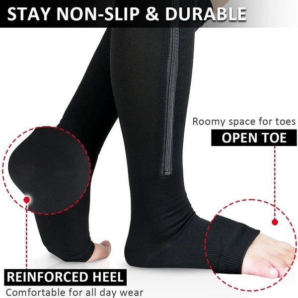 Zip Sox Compression Socks Zipper Leg Support Knee Open Toe Shaper Stockings New