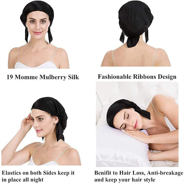 Women's Pure Mulberry Silk Sleep Hair Hat Care Satin Sleeping Bonnet Night Cap