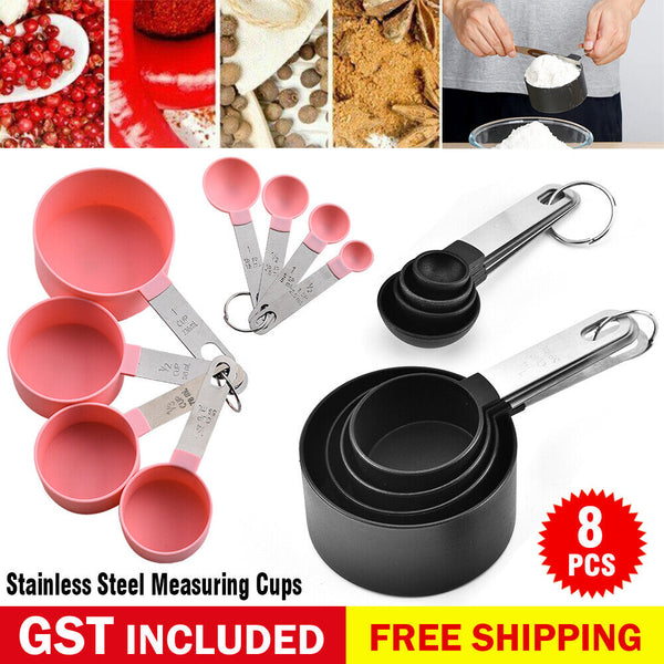 8pcs Stainless Steel Measuring Cups Spoons Kitchen Baking Cooking Tools Set AU