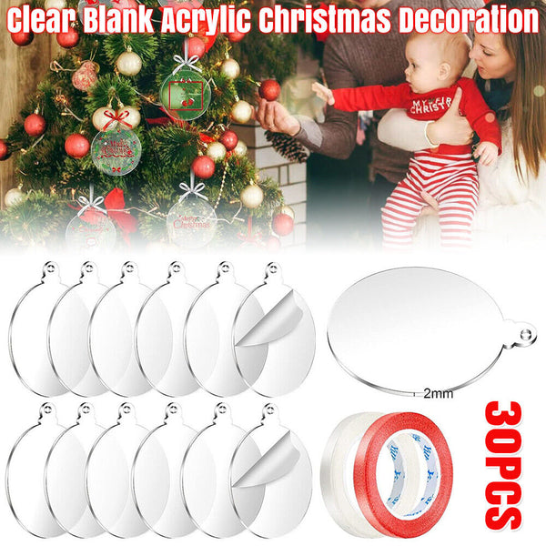 30 Pcs Clear Blank Acrylic Christmas Bauble DIY Xmas Decoration 75mm Flat Decor