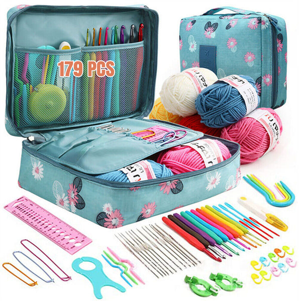 179Pcs Beginner Crochet Hooks Kit 5 Roll Yarn Knitting Needles Sewing Tools Set