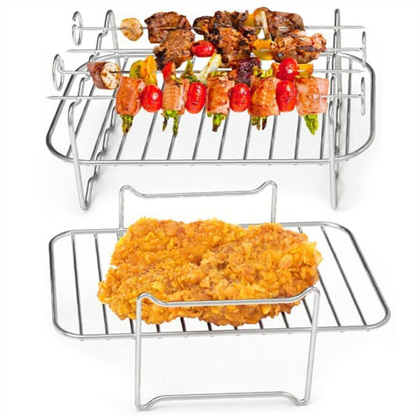 2Pcs Air Fryer Rack with 4 Barbecue Sticks for Double Basket Grill Accessories