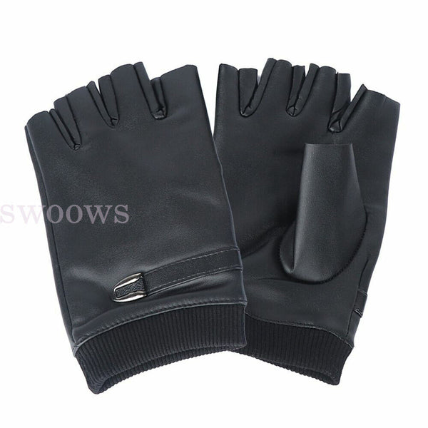 Mens Motorcycle Fingerless Leather Half Finger Driving Biker Black Gloves