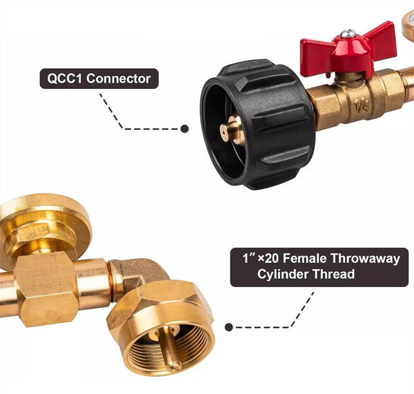 QCC1 Propane Refill Elbow Adapter with Gauge 1LB Bottle Tank 20-40LBS Cylinder