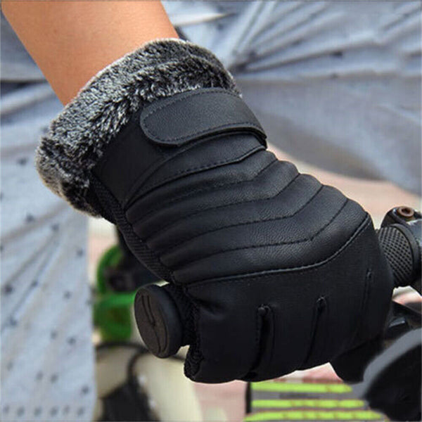 1/2 Winter Warm PU Leather Wool Wrist Gloves Touch Screen Full Finger Fur Mitten