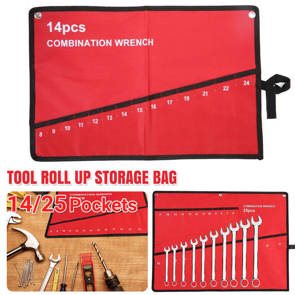 25 Pockets Canvas Spanner Wrench Tool Roll Up Storage Bag Organizer Pouch Case