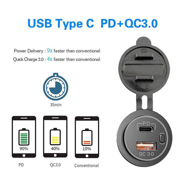 PD Type C USB Car Charger and QC 3.0 Charger 12V Power Outlet Socket ON/Off DF