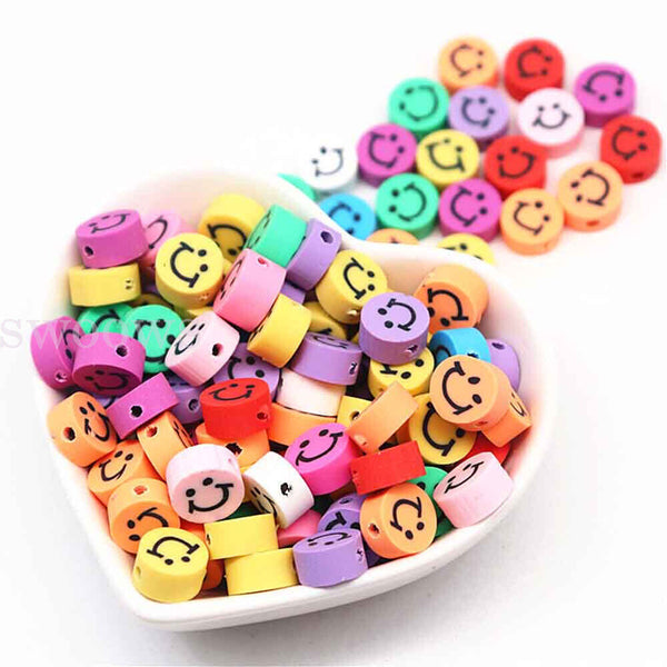 50pcs 10mm Smiley Face Pony Beads Polymer Clay Fun Mix DIY Jewellery Spacer AU