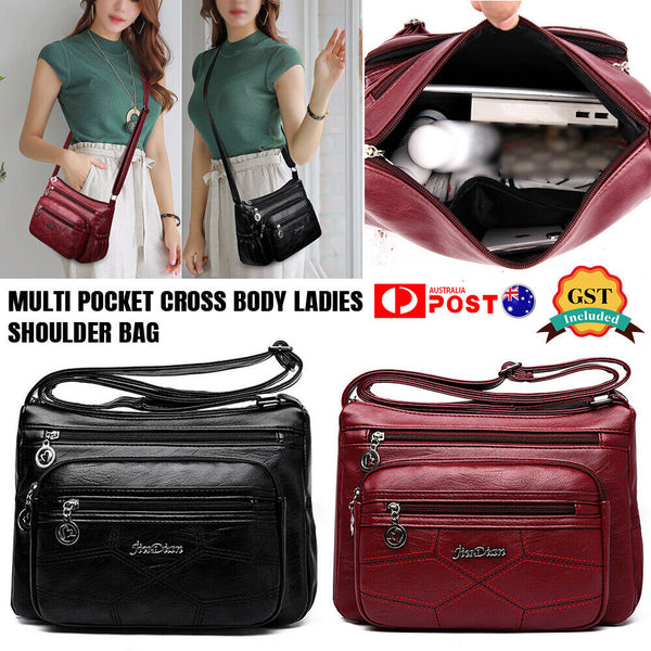 Women’s Multi Pocket Cross Body Ladies Shoulder Bag Messenger Leather Handbag