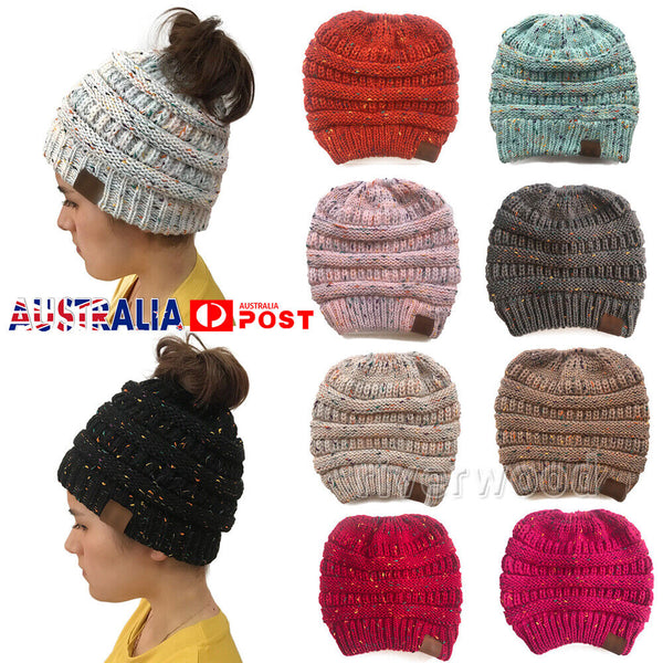 Women's Beanie Ponytail Messy Bun BeanieTail Multi Color Ribbed Winter Hat Cap