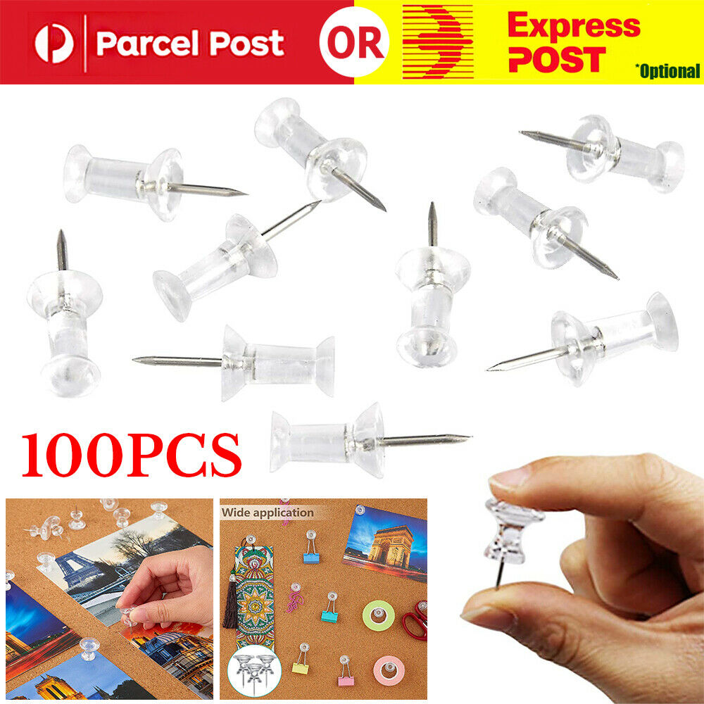 100PCS Clear Push Pins Transparent Drawing Pins Notice Board Cork Board Office